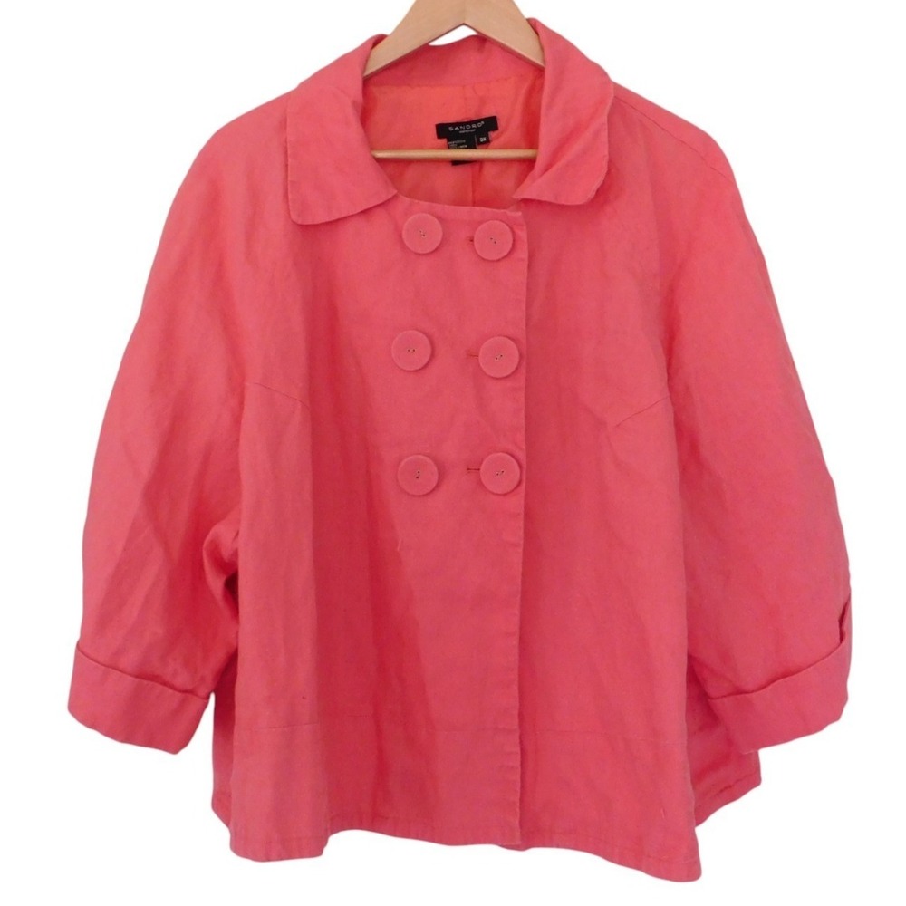 Sandro 100% Linen Cropped Lagenlook Jacket Blazer Coral Size 3X Double Breasted